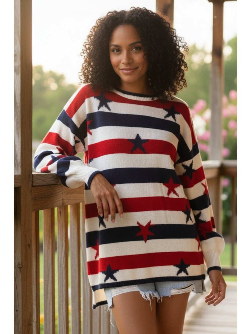 Oversized Stars and Stripes High-Low Long Sleeve Knit American Pullover Sweater